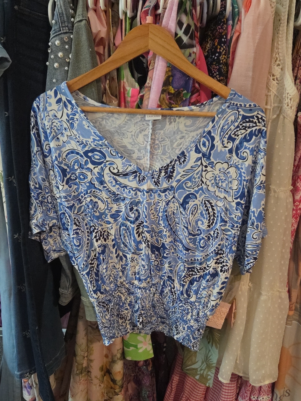 Blue Paisley V-Neck Short Sleeve Blouse by Lascana NWOT